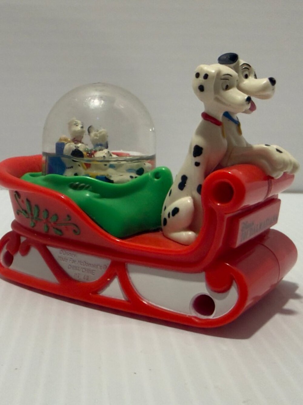 1996 Disney 101 Dalmatians Snow Globe Christmas Sleigh Ornament for McDonalds